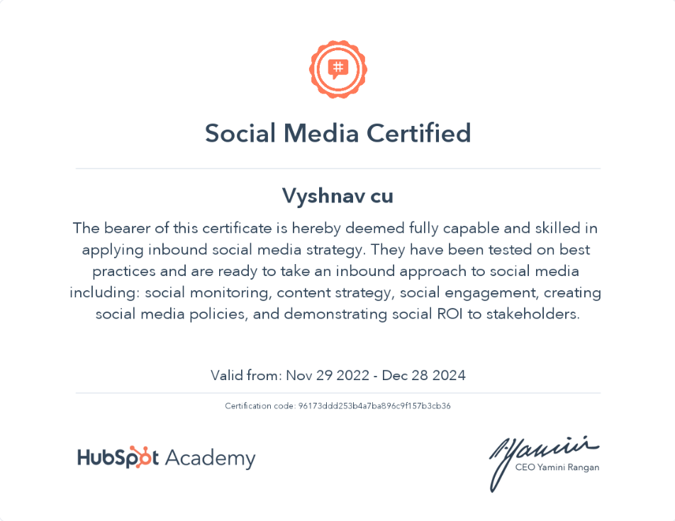 Hubspot Social Media Marketing Certification